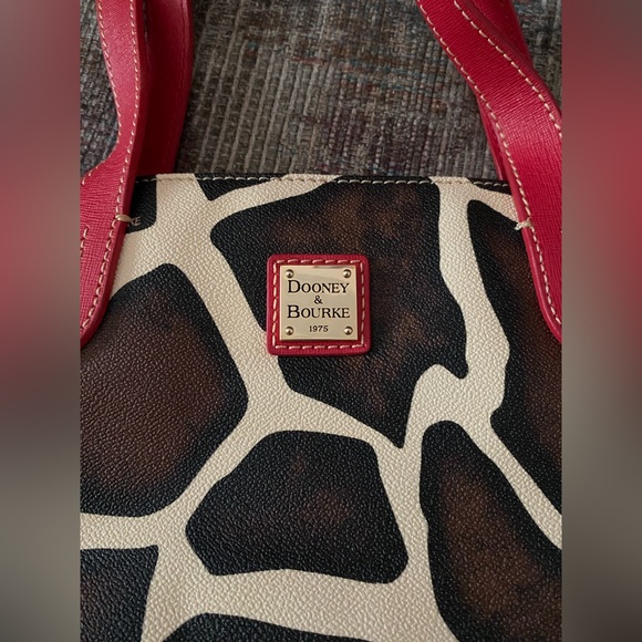 Dooney & Bourke giraffe print tote with red strap. - Picture 5 of 15